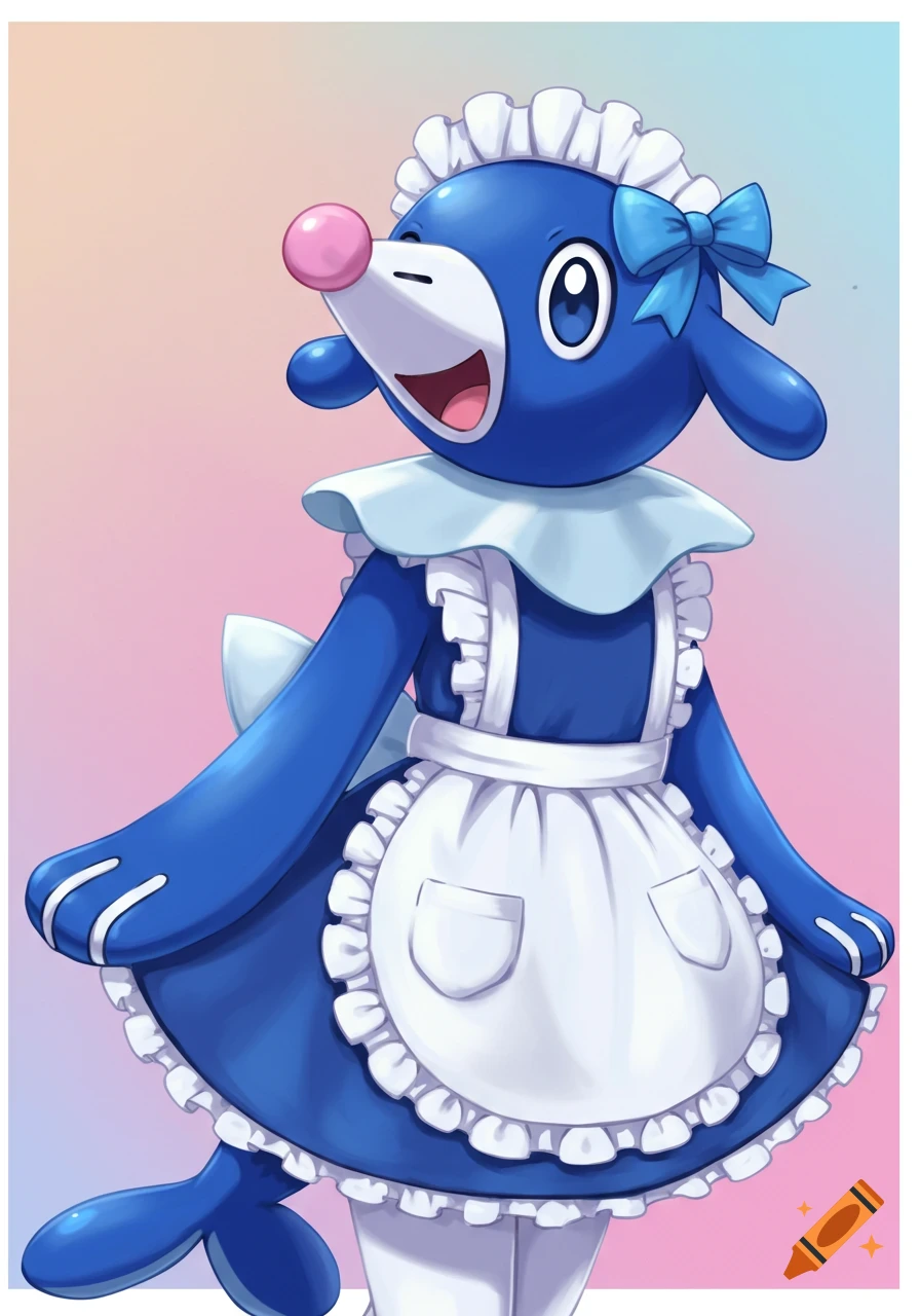 A cute, blue Popplio Pokemon character wearing a white and blue maid outfit and a blue bow, depicted in a bright anime style.