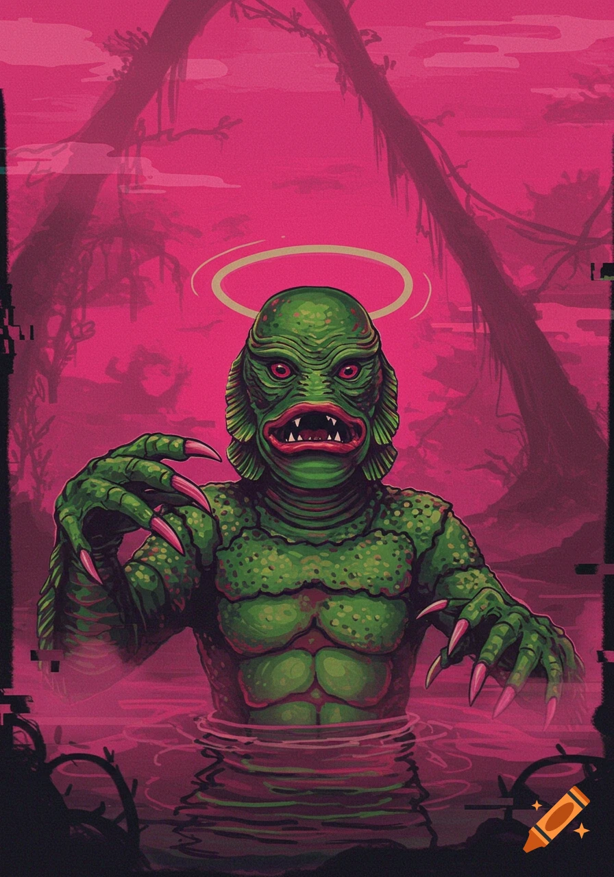 Stylized poster art of the Creature from the Black Lagoon with a halo, in a pink swamp with glitch effects.