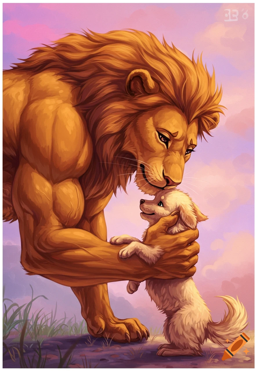 A powerful, muscular anthropomorphic lion gently holds and nuzzles a small, fluffy white dog against a vibrant pink and purple sky.