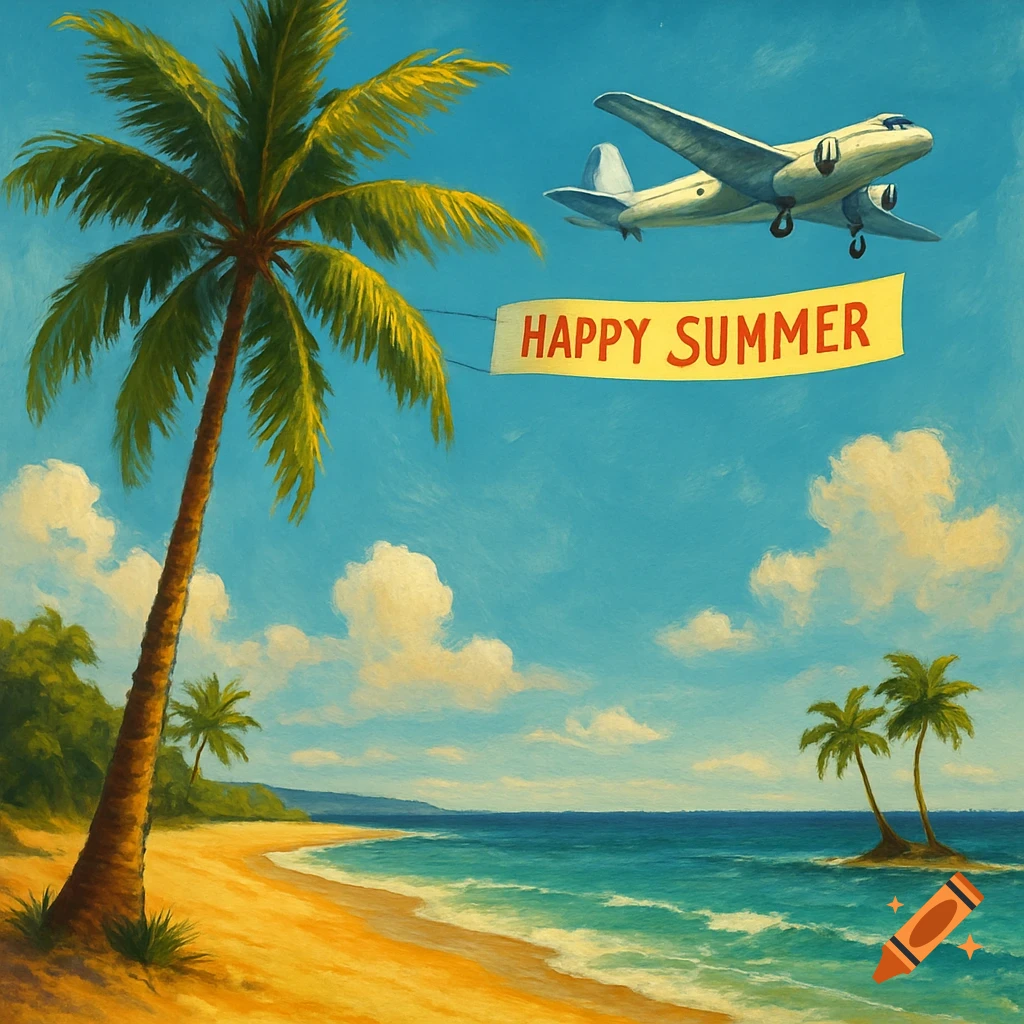 A vibrant, painterly scene of a tropical beach with a tall palm tree, ocean waves, and an airplane flying overhead dragging a 'HAPPY SUMMER' banner.