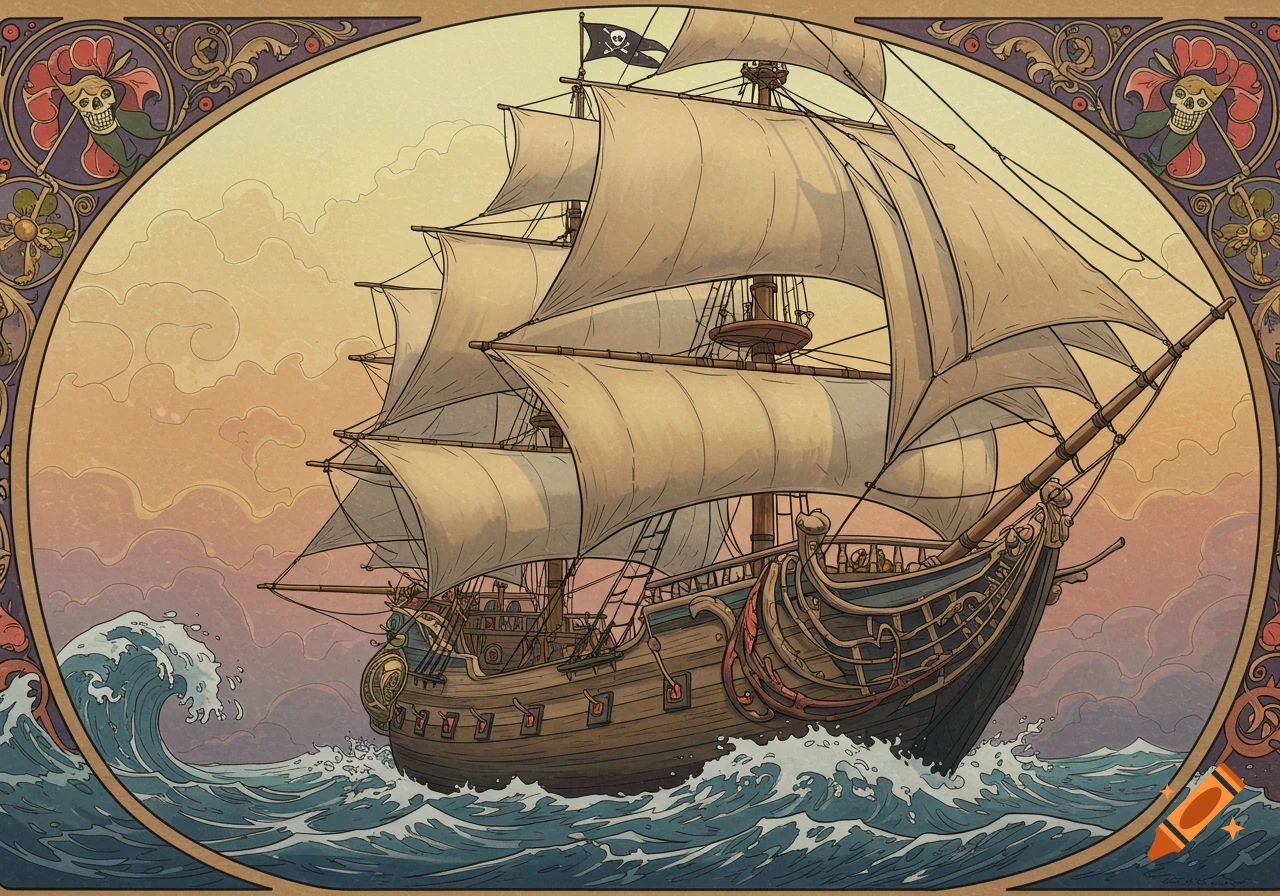 An Art Nouveau illustration of a pirate ship with a skull and crossbones flag sailing on wavy seas, framed by an ornate border.
