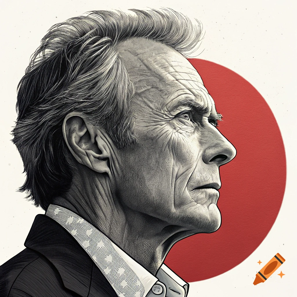 Monochrome profile portrait of an older man with a red circle in the background, in a Yoji Shinkawa art style.