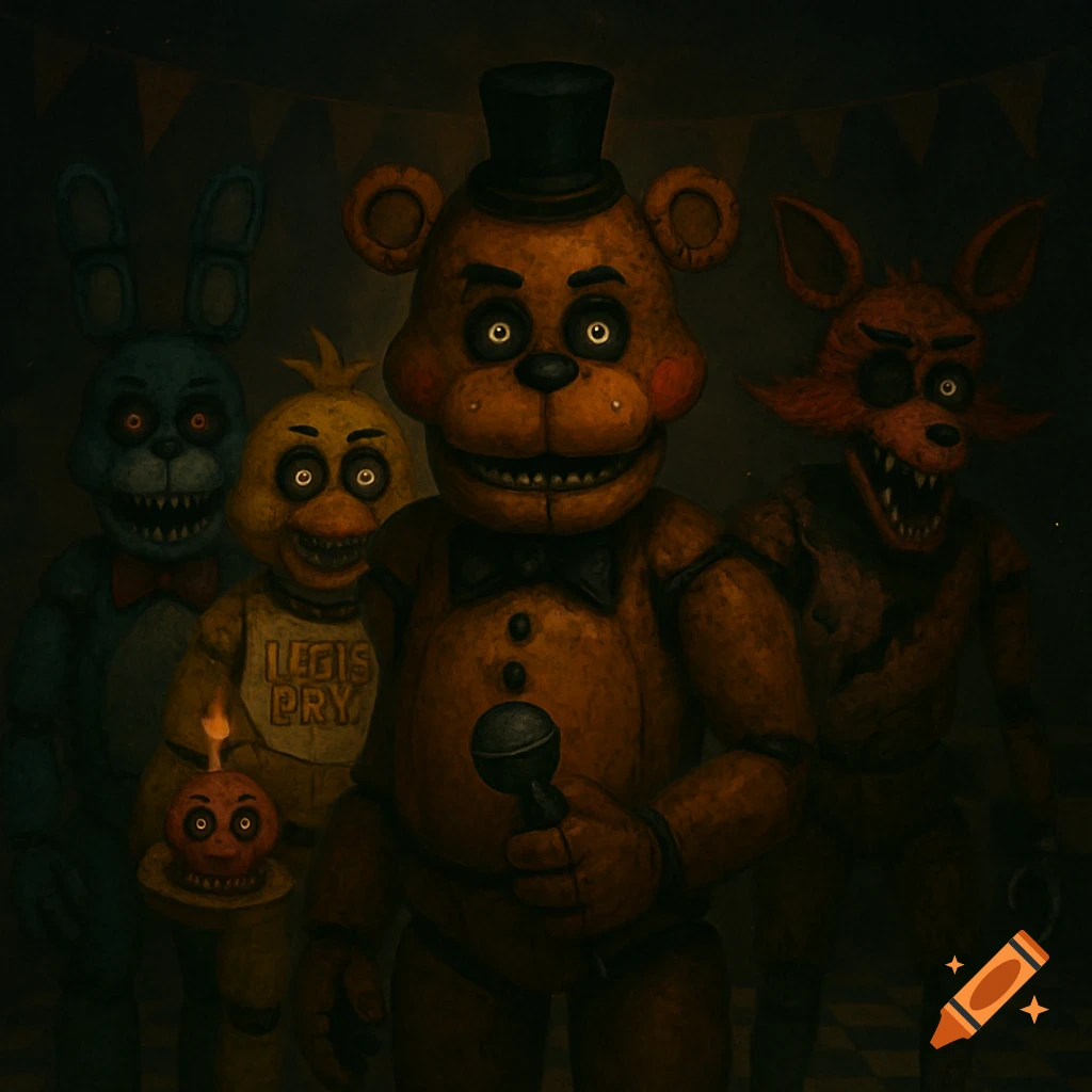 Four dark, menacing animatronics with glowing eyes, including Freddy Fazbear, Bonnie, Chica, and Foxy, stand in a dark room.