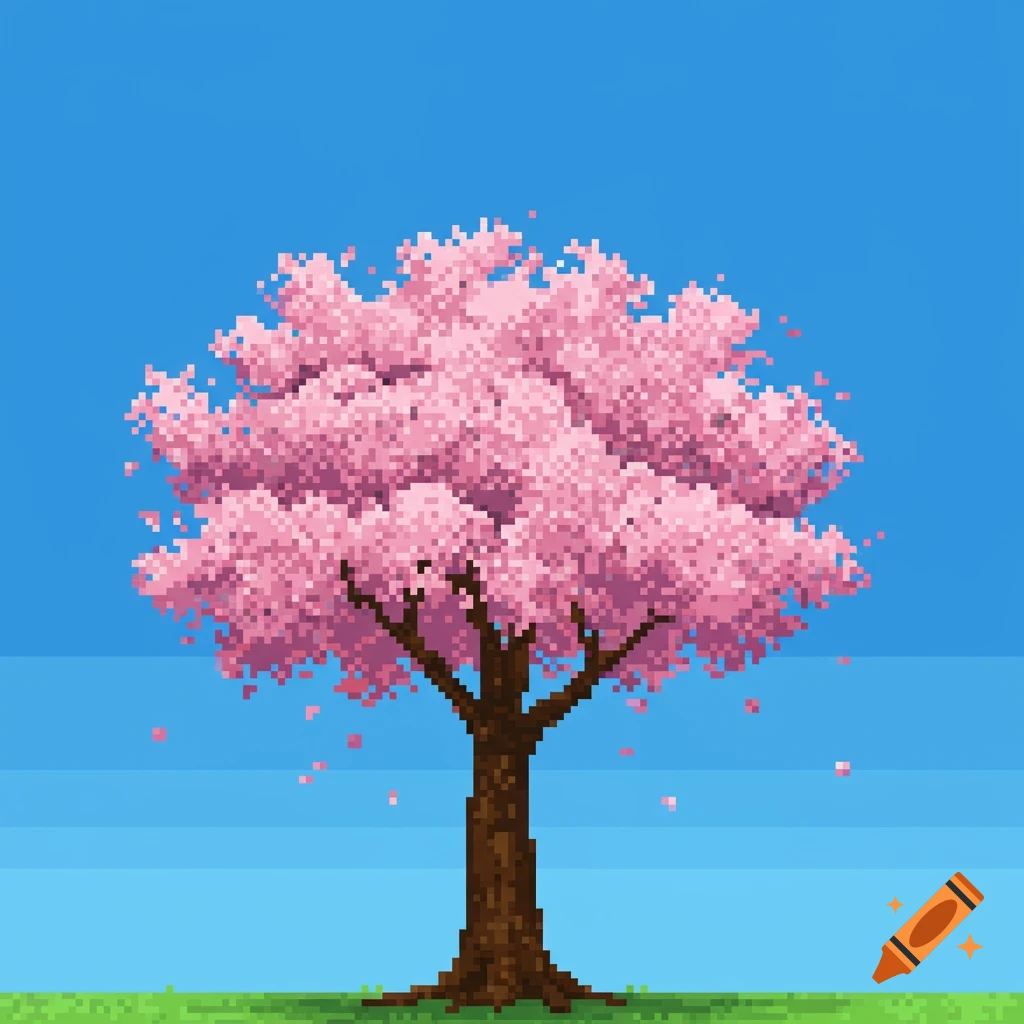 A vibrant pixelated cherry blossom tree with pink petals and a brown trunk stands against a bright blue sky, with some petals falling.