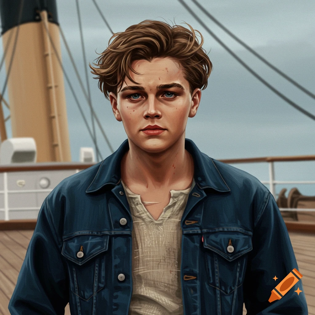 An illustrated portrait of a young man with brown wavy hair and blue eyes, wearing a denim jacket, standing on a ship deck.