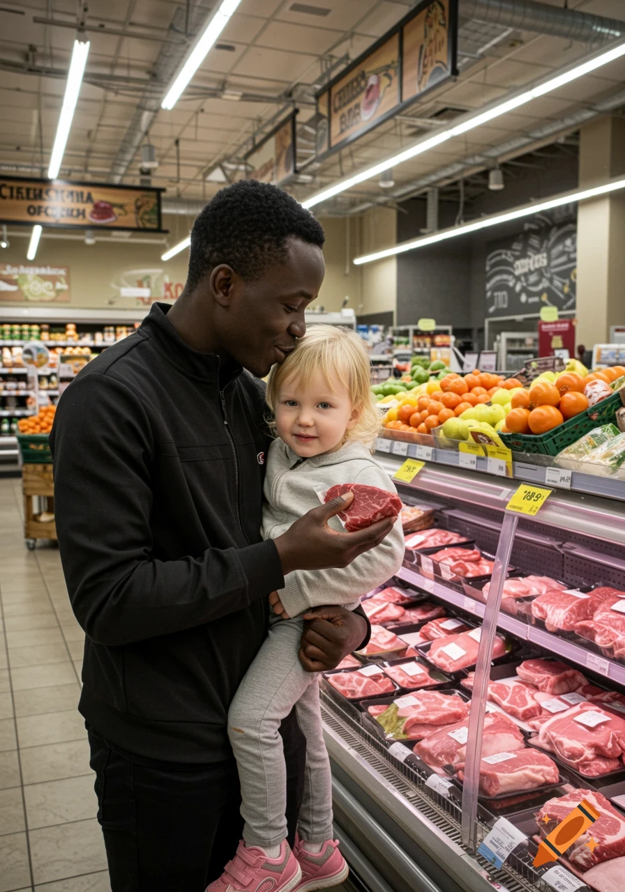 An African man holds a blonde child, who holds a piece of meat, in a grocery store. The man kisses the child's head.