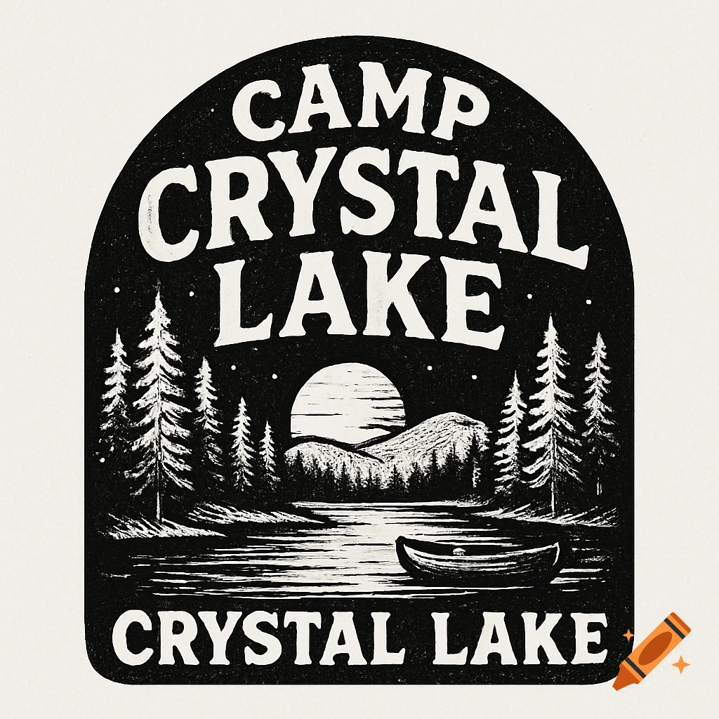 Black and white retro logo for Camp Crystal Lake with pine trees, a lake, a canoe, and a large moon.
