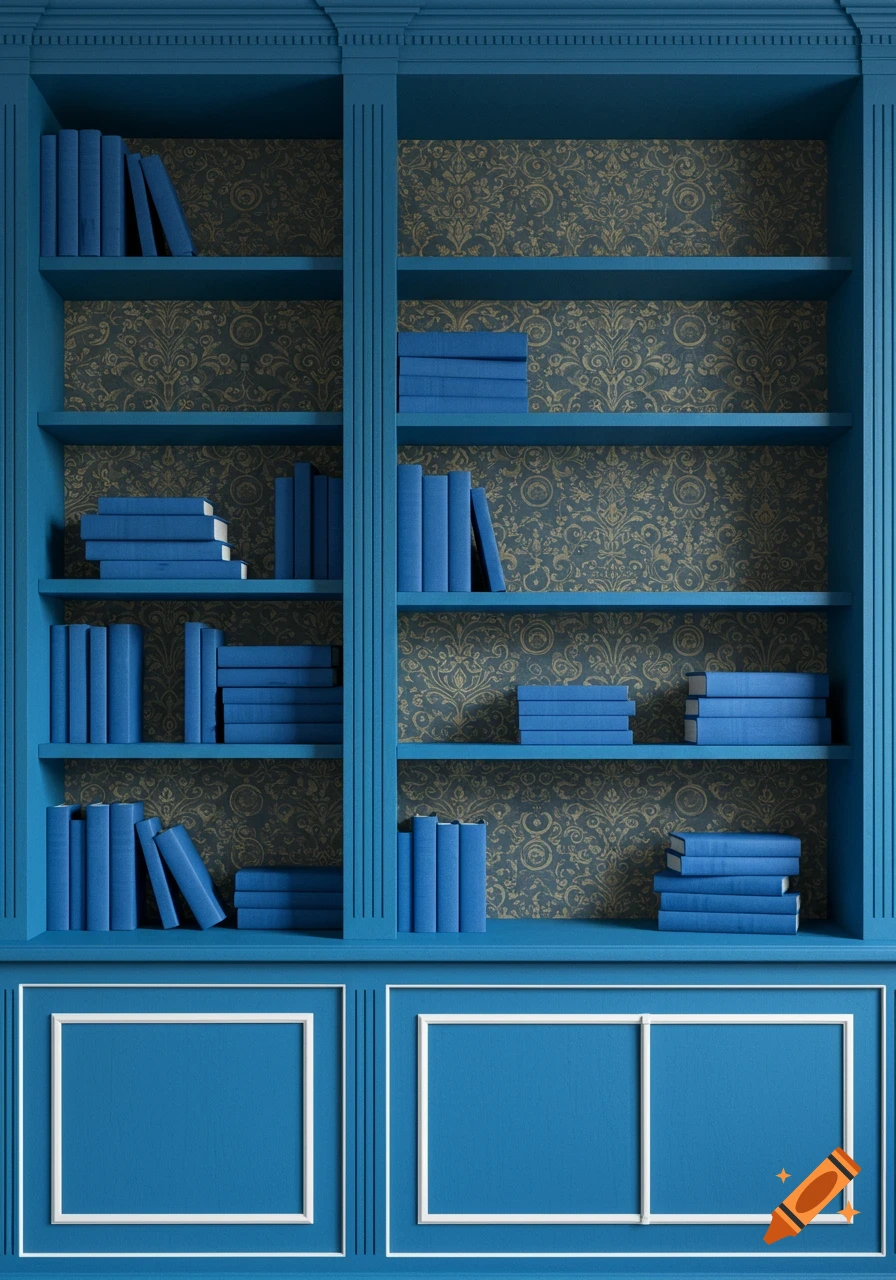 A blue bookshelf filled with blue books, set against a dark patterned wallpaper, with white trim detailing on the lower wall.