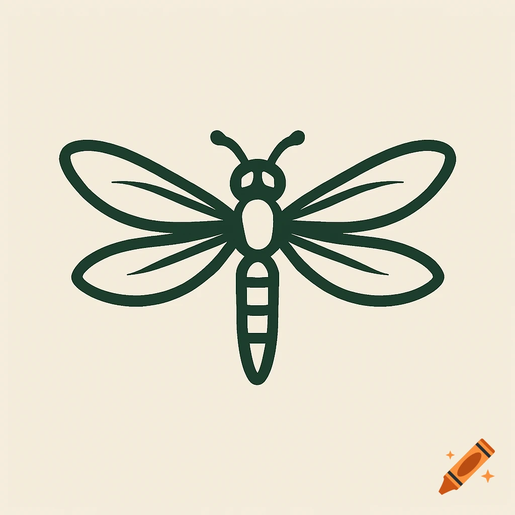 A minimalist dark green dragonfly logo on a light beige background.
