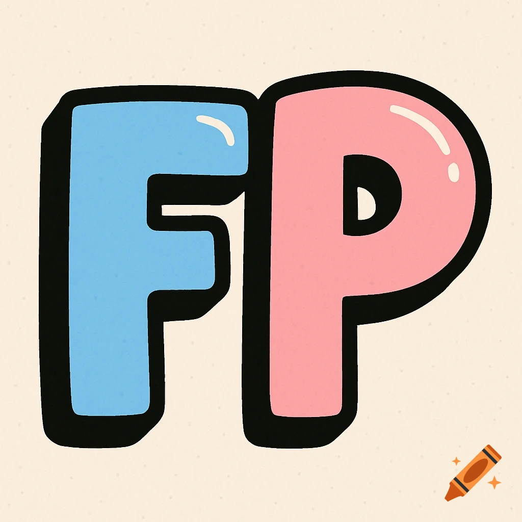 Blue letter F and pink letter P in a bold cartoon style on a cream background.