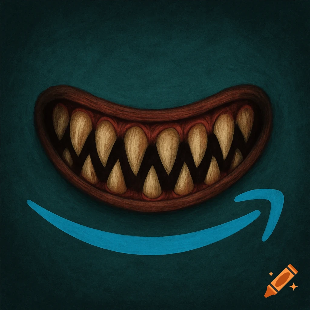 A creepy mouth with pointed teeth above the blue Amazon smile logo, on a dark green background.