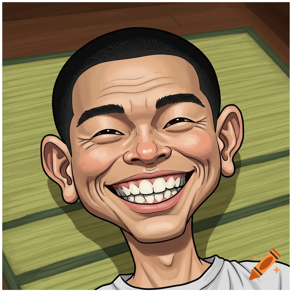 Cartoon caricature portrait of a young man with exaggerated features, a huge smile, and squinting eyes, lying on a mat.