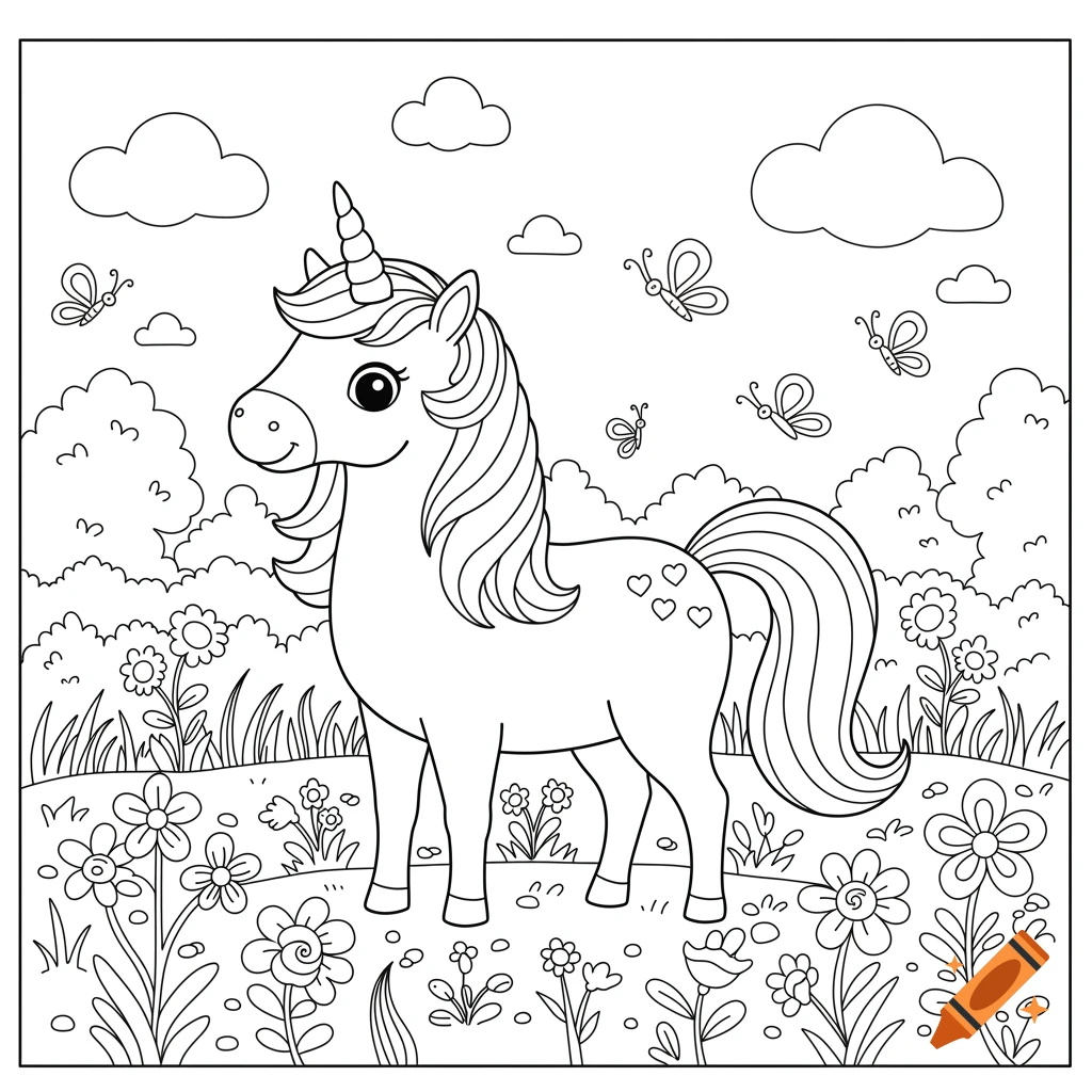 A black and white line art coloring page of a cute unicorn standing in a field of flowers with butterflies and clouds.