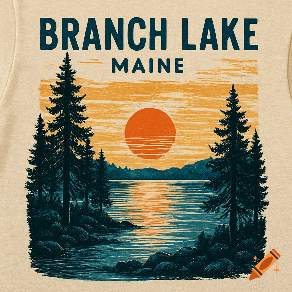 A vintage-style illustration of a lake at sunset with pine trees, and the text 'BRANCH LAKE MAINE'.