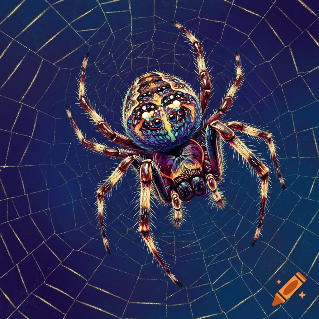 A colorful, highly detailed spider with a patterned body sits on a golden web against a dark blue background in an abstract art style.