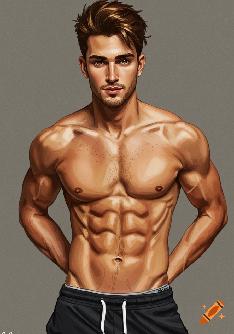 An illustrated portrait of a muscular young man with brown hair and a beard, wearing black shorts, against a gray background.