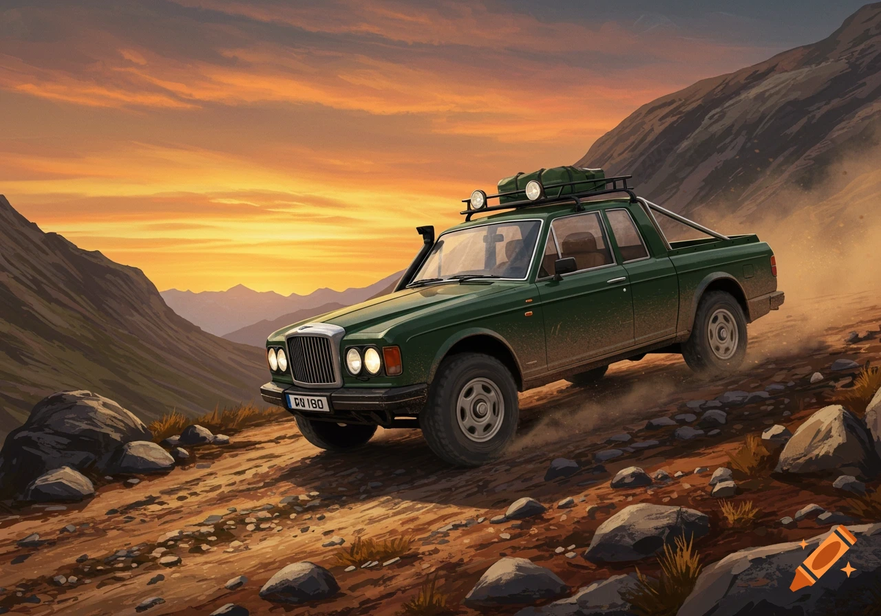 A green Bentley pickup truck drives off-road on a dusty mountain trail at sunset.
