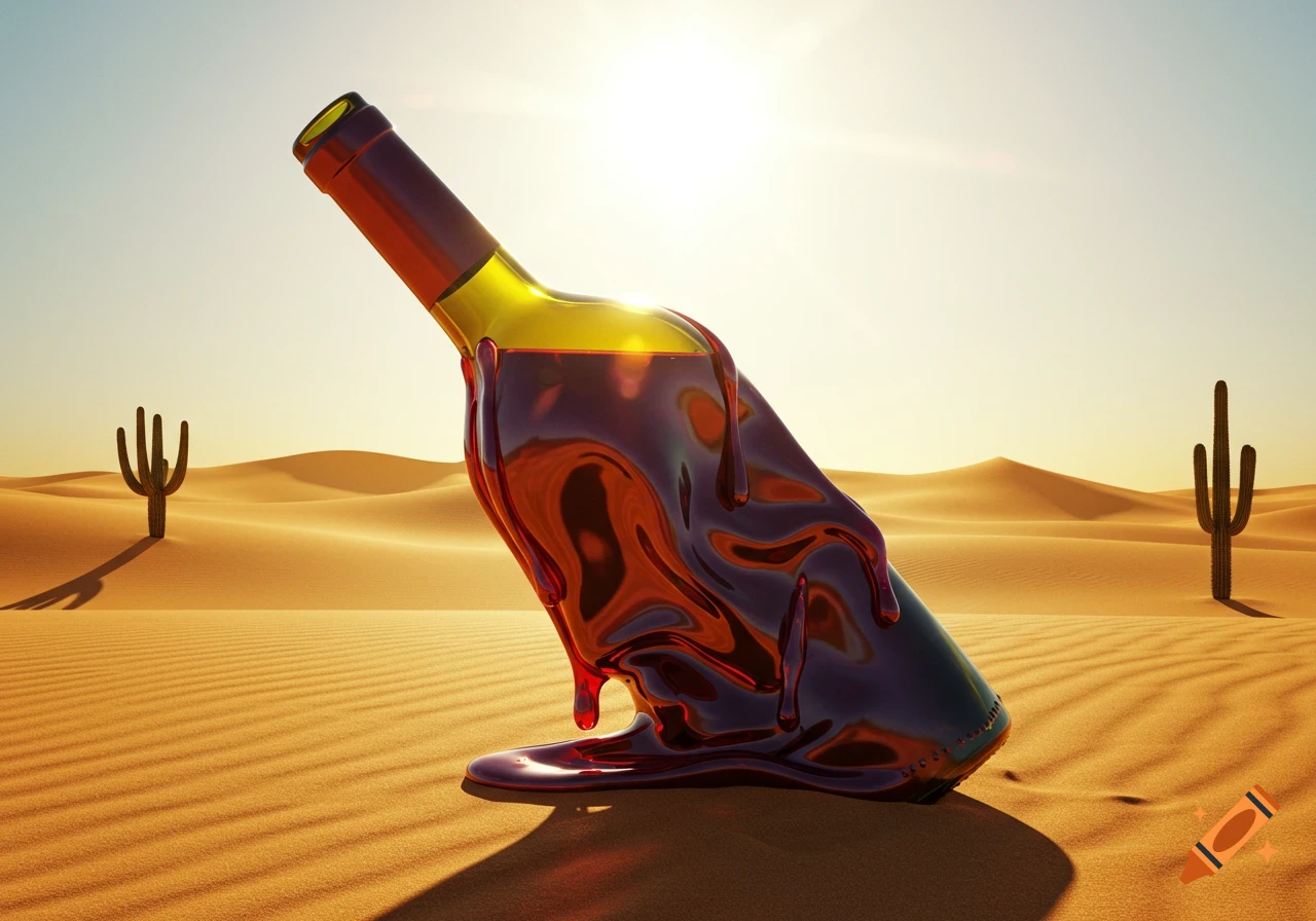 A wine bottle appearing to melt in a desert landscape under a bright sun, with two saguaro cacti in the background.