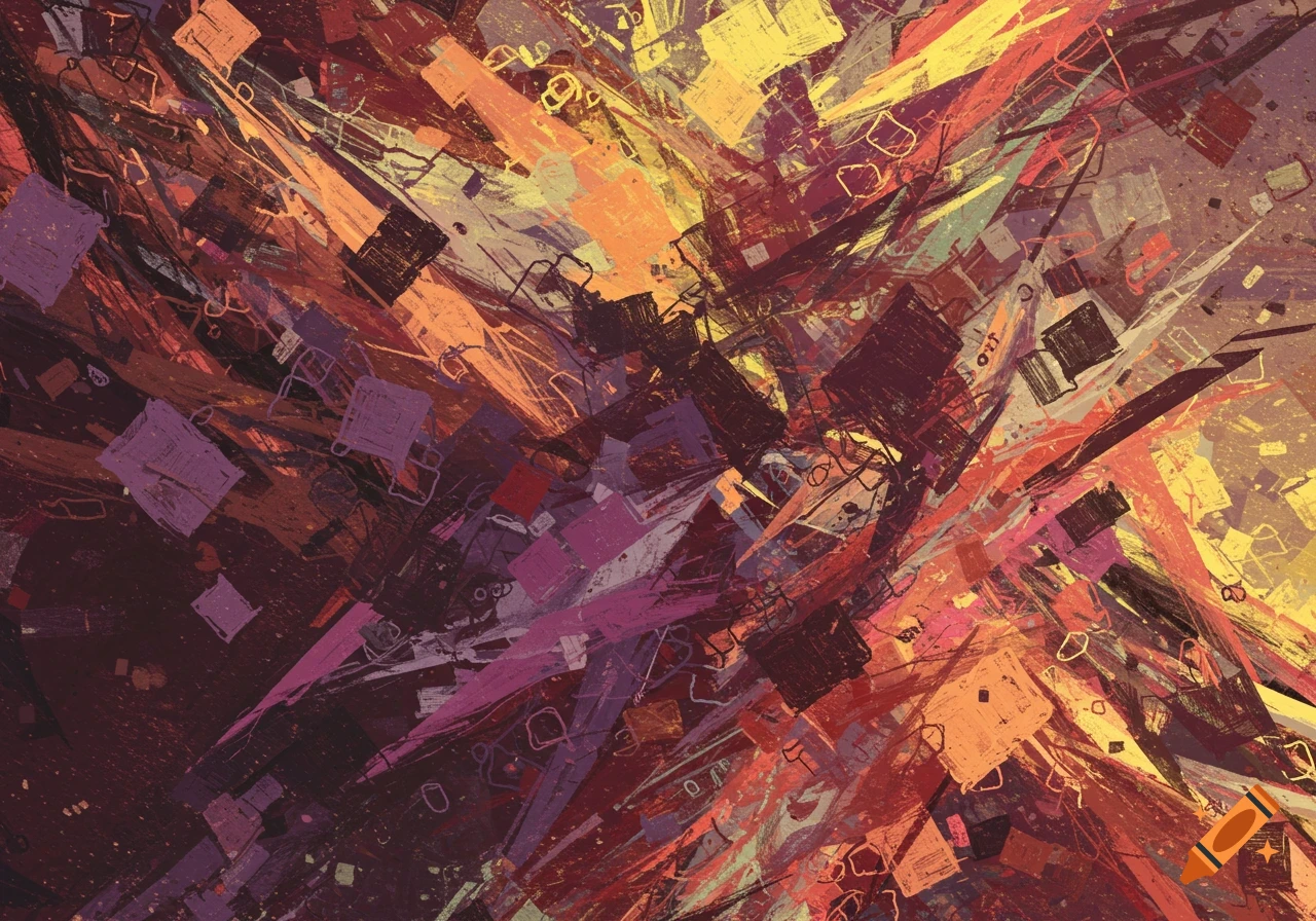 An abstract digital artwork with chaotic, painterly shapes in red, orange, yellow, and purple.