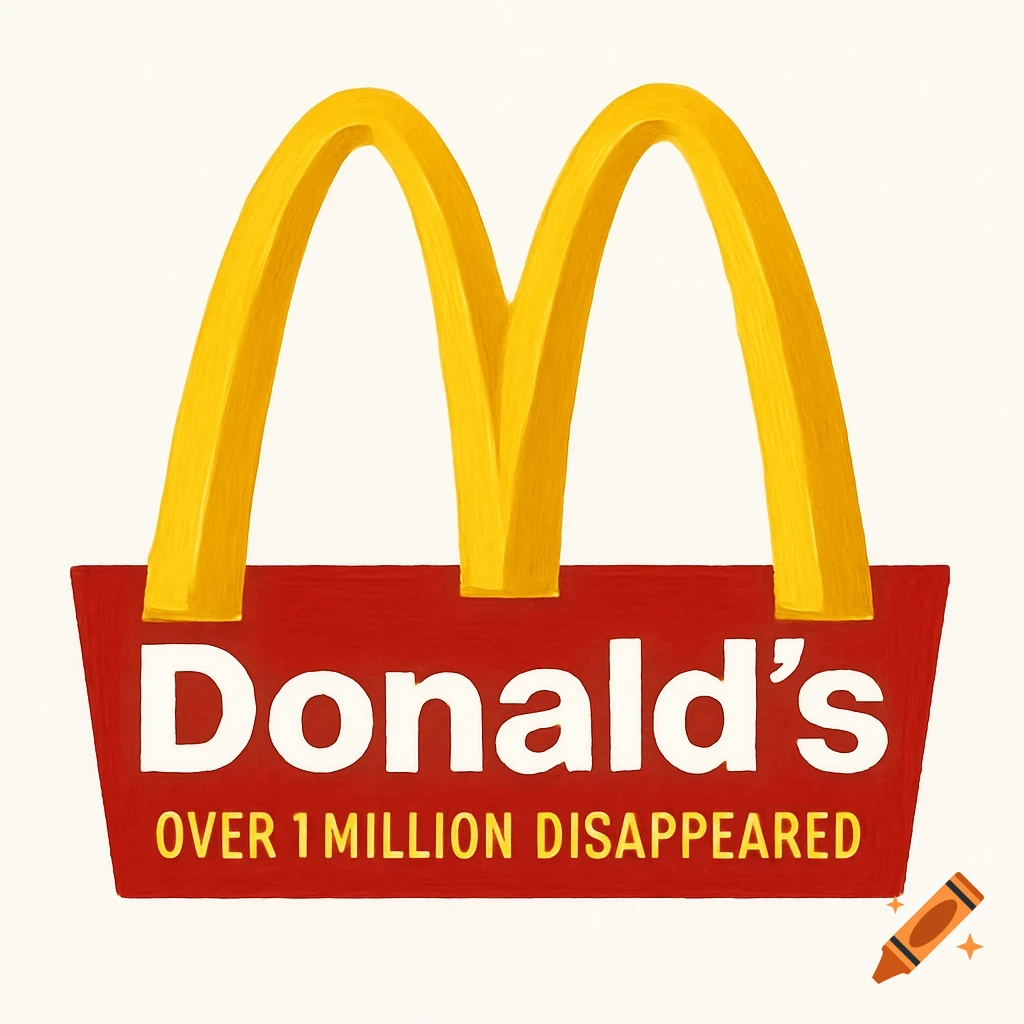 An illustrated logo resembling McDonald's, with golden arches above a red banner reading 'Donald's' in white and 'OVER 1 MILLION DISAPPEARED' in yellow.