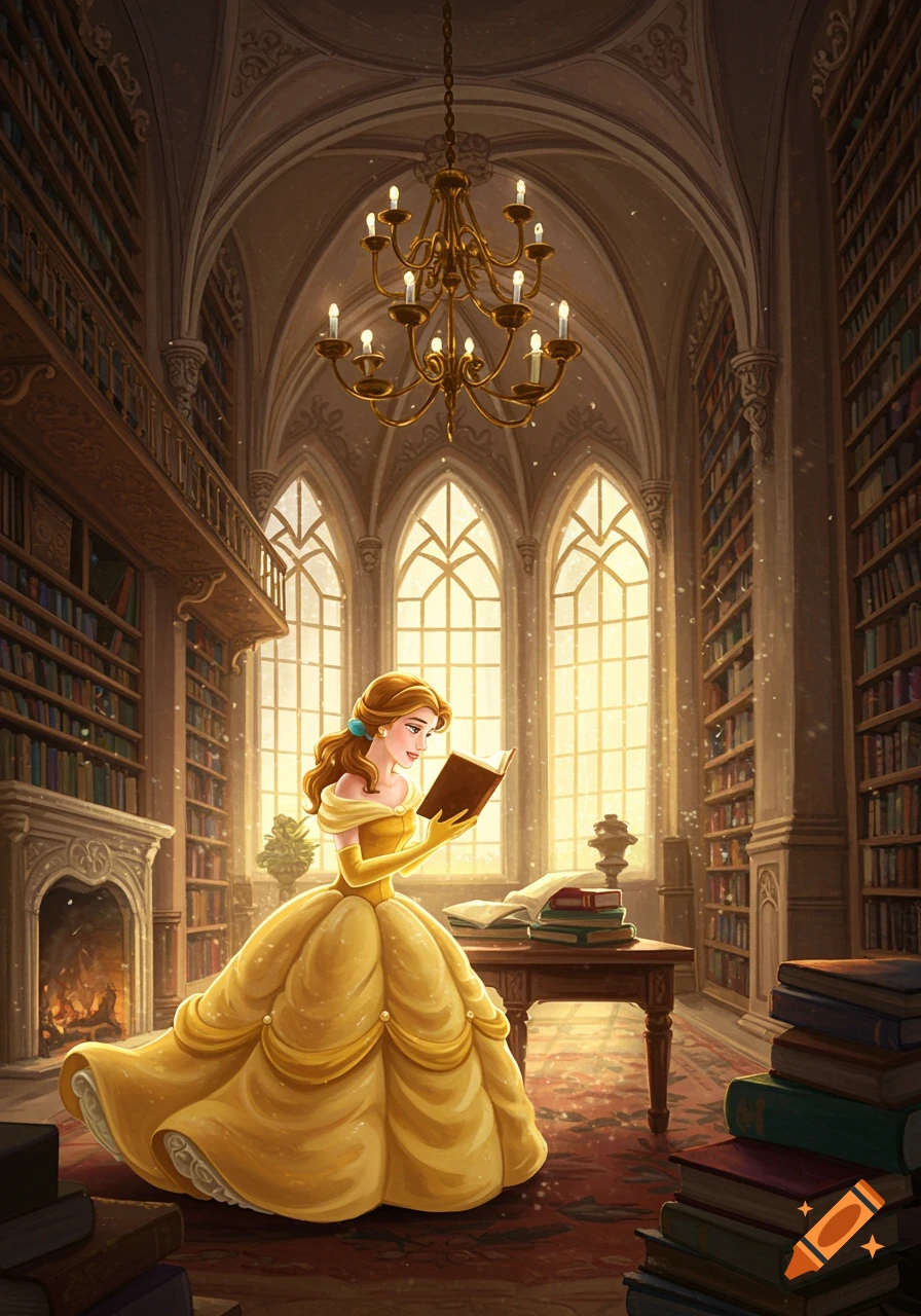 Princess Belle in her iconic yellow gown reads a book in a grand, sunlit library with tall bookshelves and a fireplace.