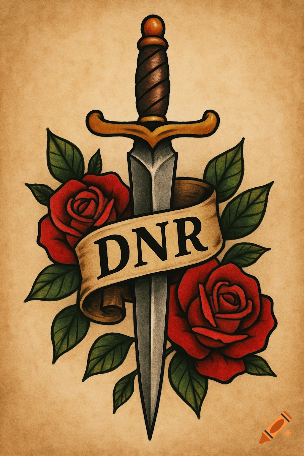 A traditional tattoo style illustration featuring a dagger piercing a banner with the letters 'DNR', flanked by two red roses and green leaves.
