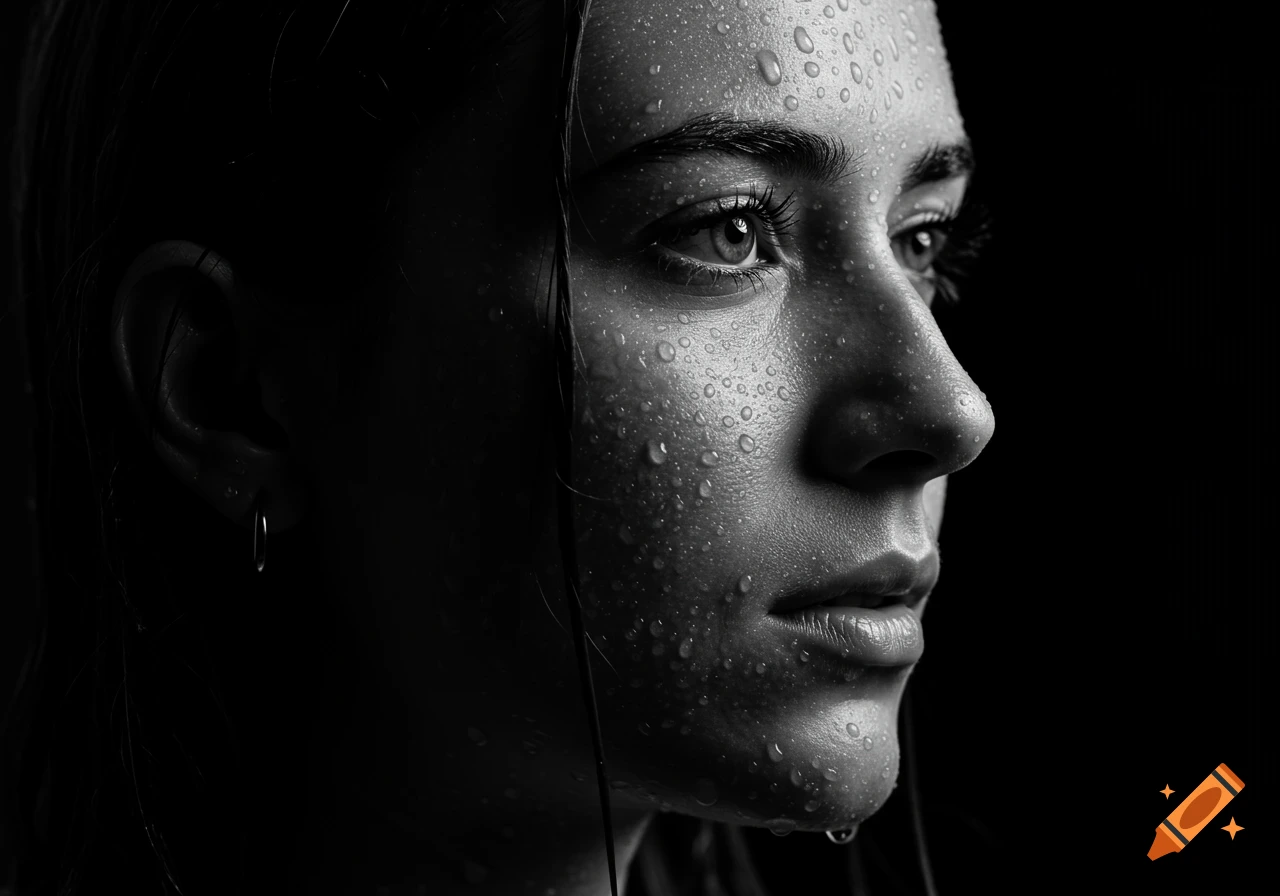 Black and white close-up portrait of a woman's face in profile, covered in water droplets against a dark background.