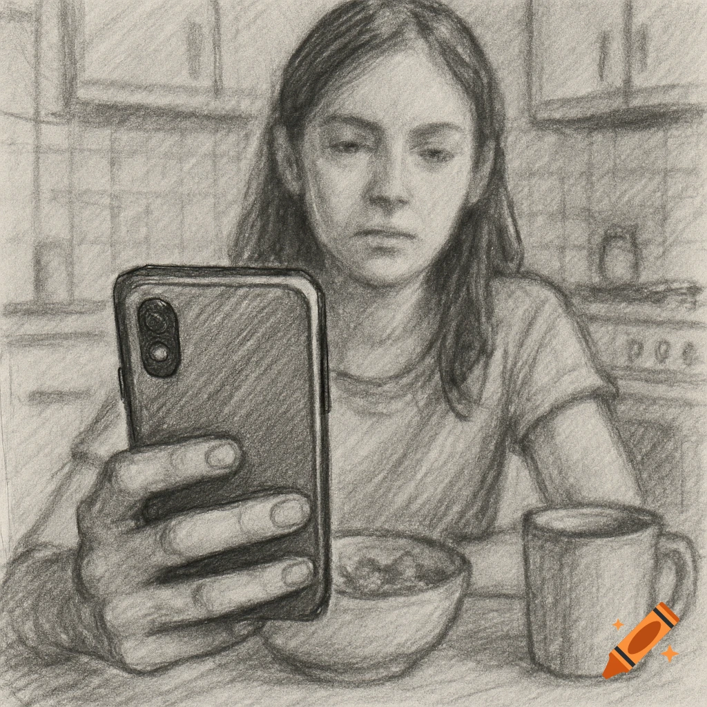 Pencil sketch of a girl at a kitchen table, absorbed in her phone, with a bowl and mug. Phone in focus.