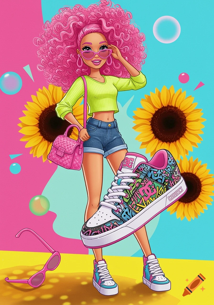 A vibrant illustration of a pink-haired doll in denim shorts and a green top, holding a pink purse and a large DC shoe, set against a pink and blue background with sunflowers.