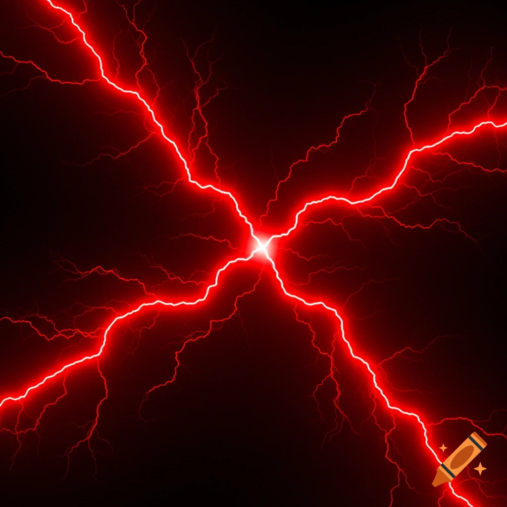 Vibrant red lightning bolts crisscross against a dark background, emanating from a bright central point.