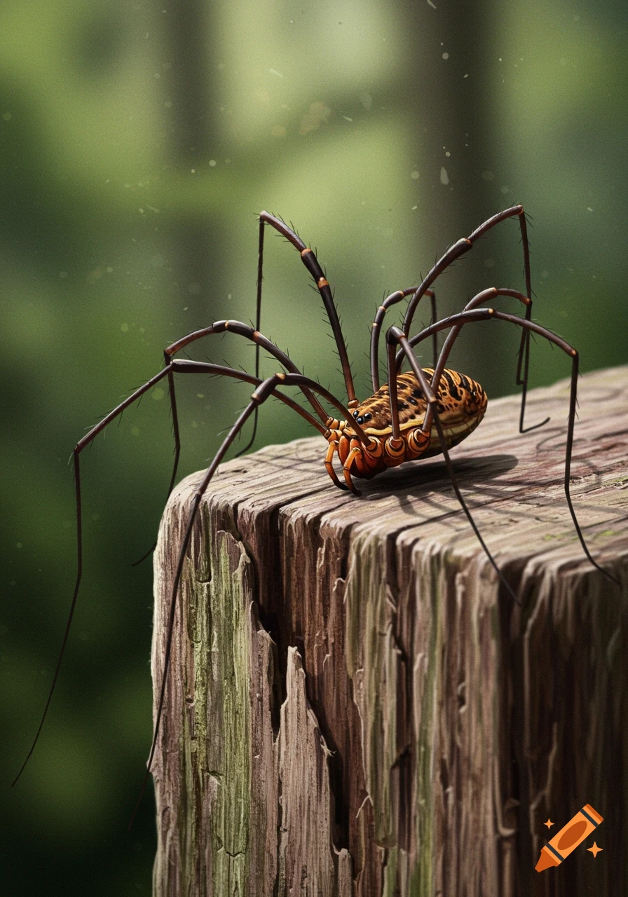 A close-up, photorealistic shot of a brown and black patterned daddy long legs spider on a textured wooden post.