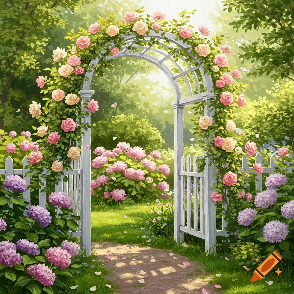 A sunny garden scene with a white picket archway covered in pink and yellow roses, leading to a path flanked by purple and pink hydrangeas.