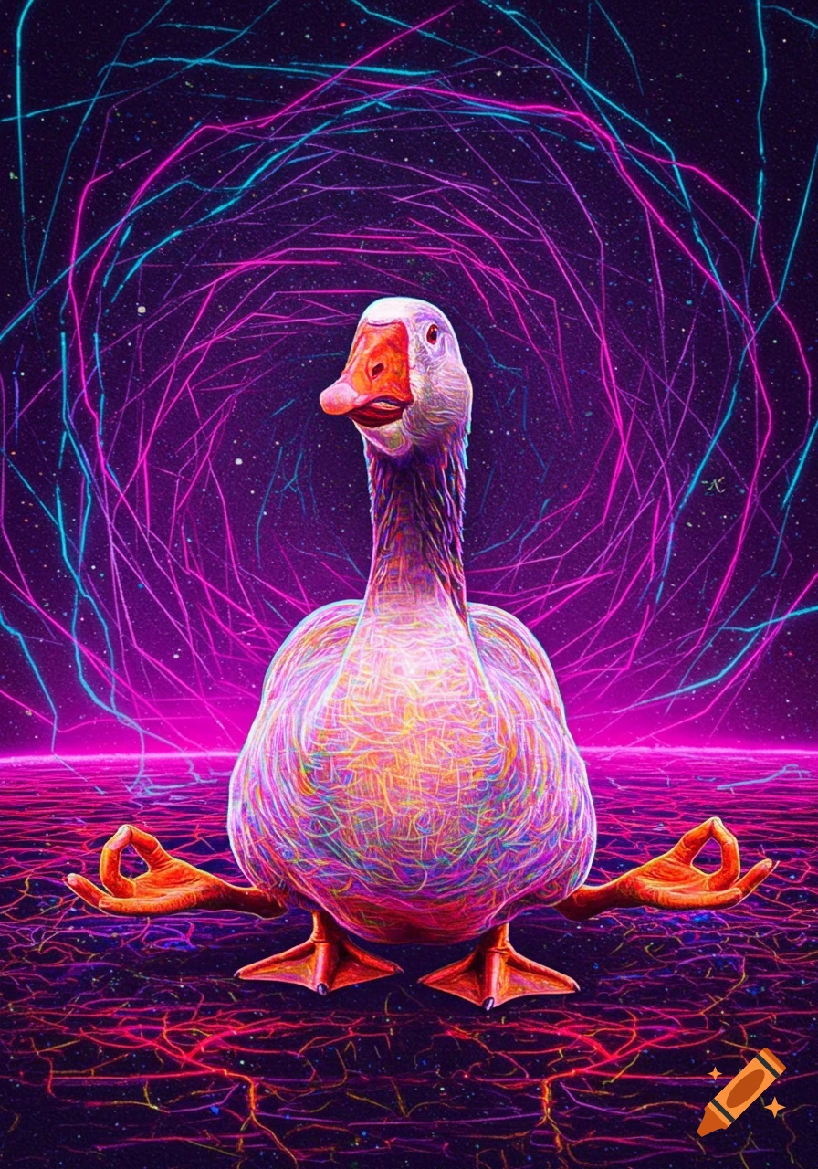 A colorful, psychedelic goose with human hands meditates amidst swirling neon lights in a dark, abstract space.