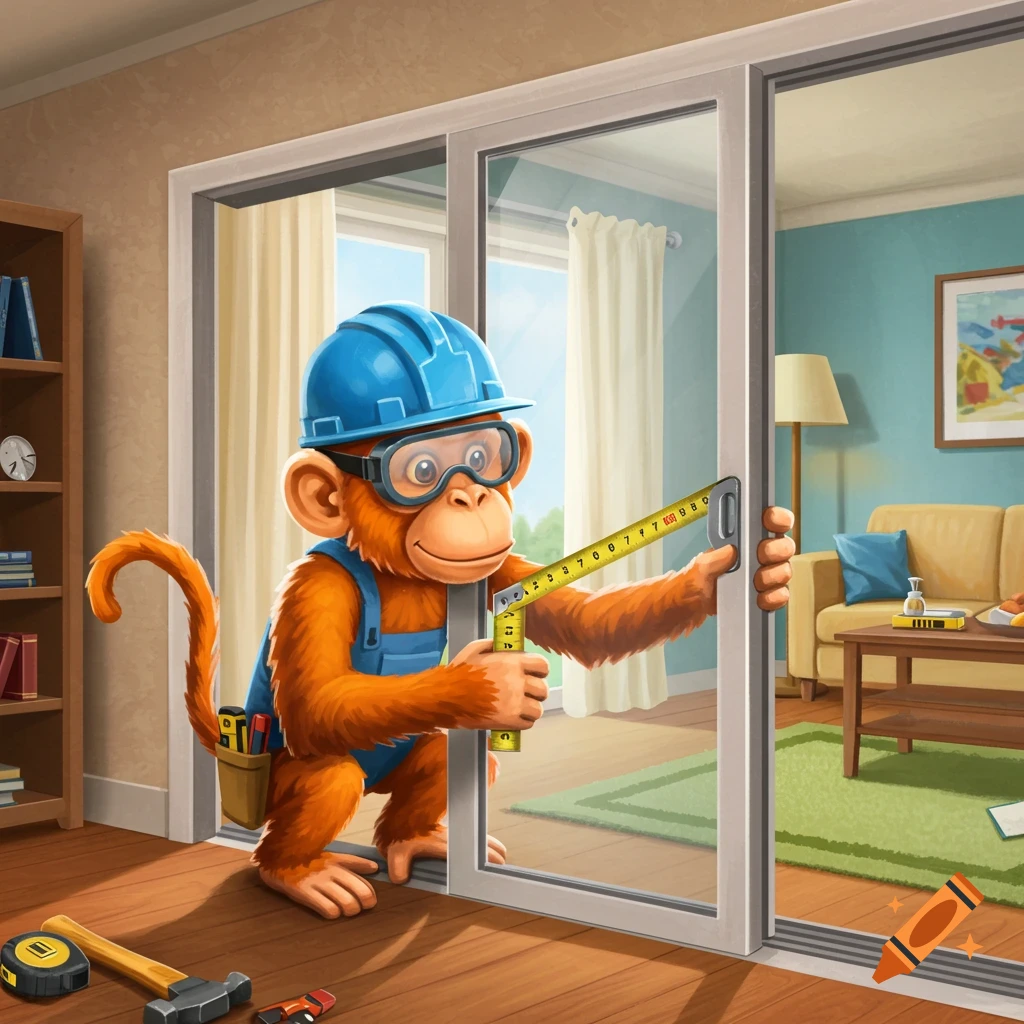 A cartoon monkey in a blue hard hat and overalls measures a sliding glass door with a tape measure.