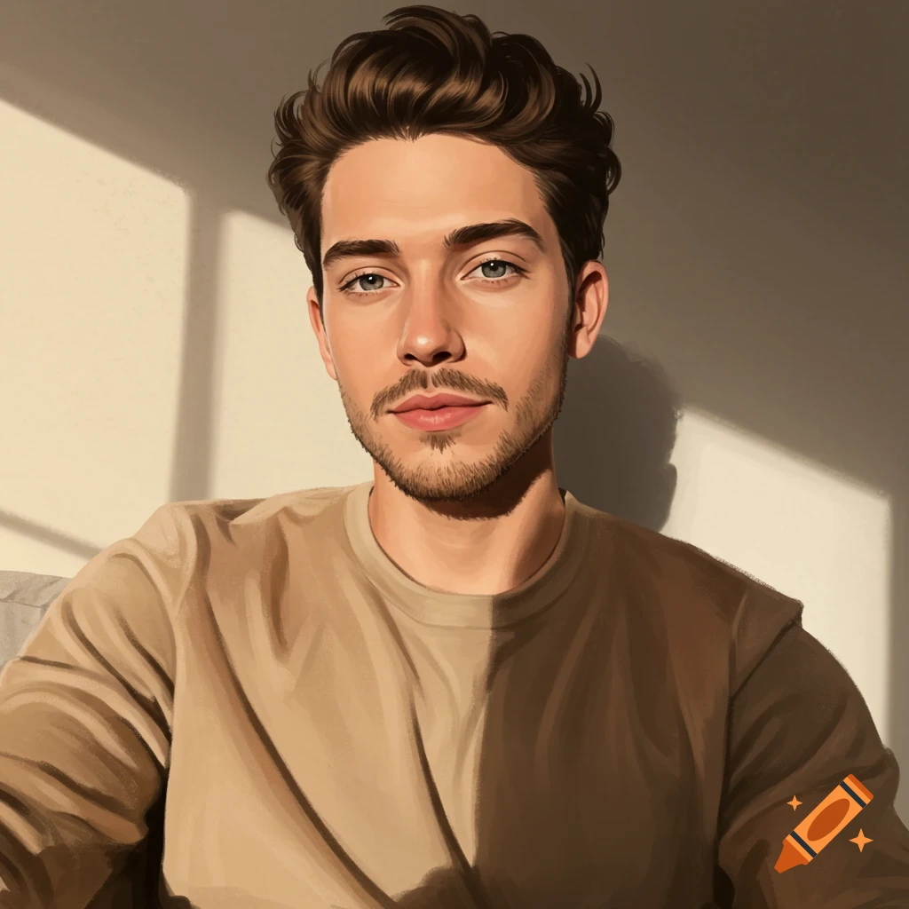 Digital painting of a young man with brown hair and a beard, illuminated by warm sunlight casting shadows on a wall.