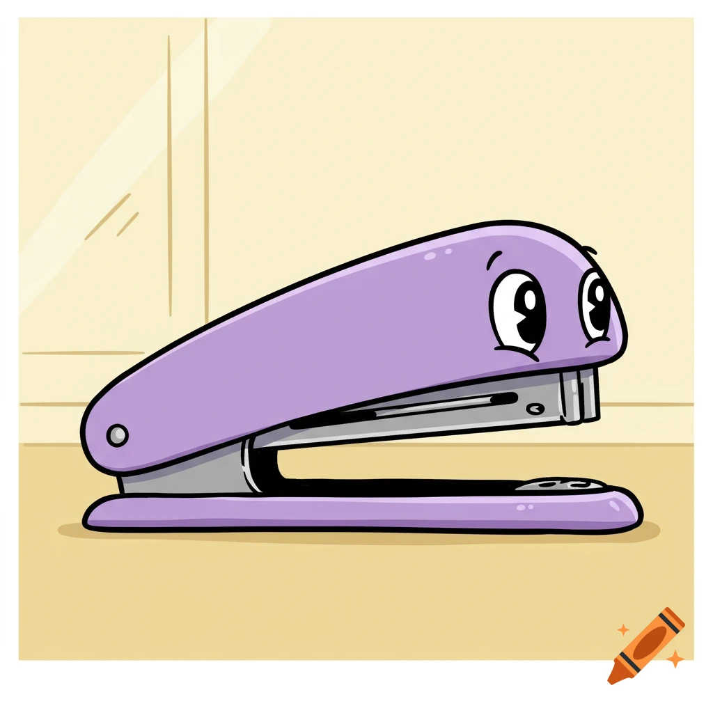 A cute purple anthropomorphic stapler with large eyes, depicted in a 1930s cartoon style.