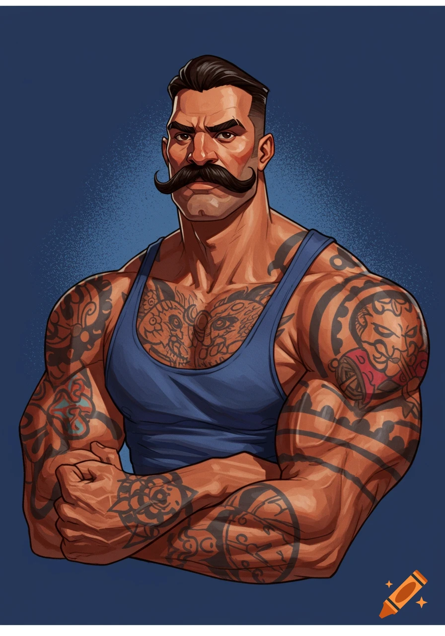 Illustrated portrait of a muscular man with a large handlebar mustache and full-sleeve tattoos, wearing a blue tank top.
