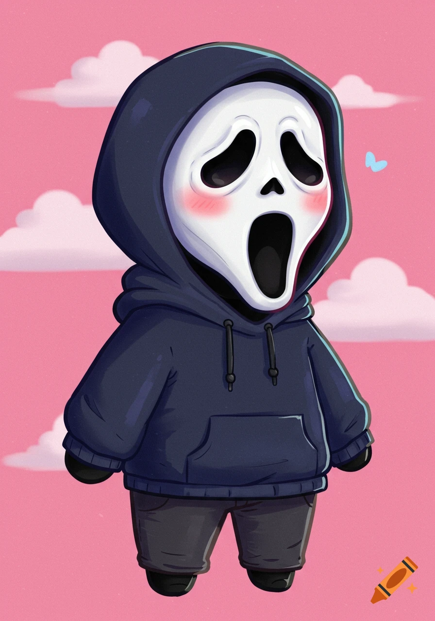 Cute, stylized Ghostface character in a dark blue hoodie with blushing cheeks, against a pink background with clouds and a butterfly.