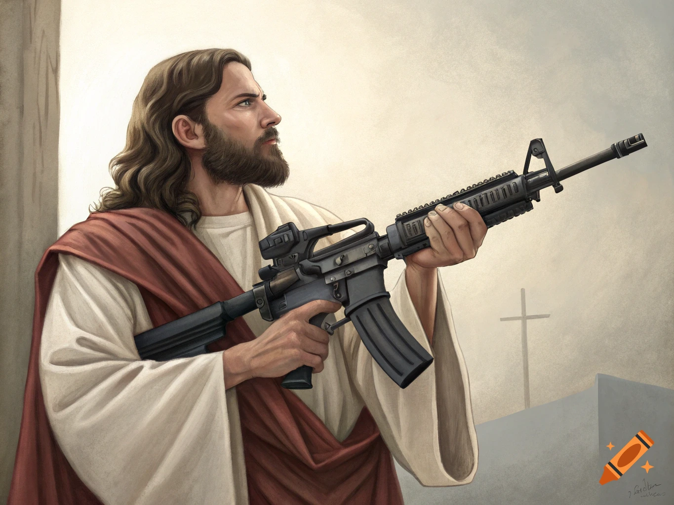 A realistic painting of Jesus Christ with a beard and long hair, wearing robes, holding an AR-15 rifle. A cross is visible in the background.