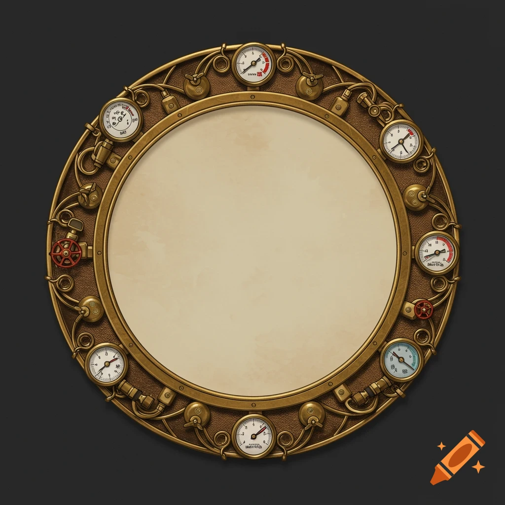 A top-down view of a circular steampunk-themed brass ornamental frame with pressure gauges and red valves.