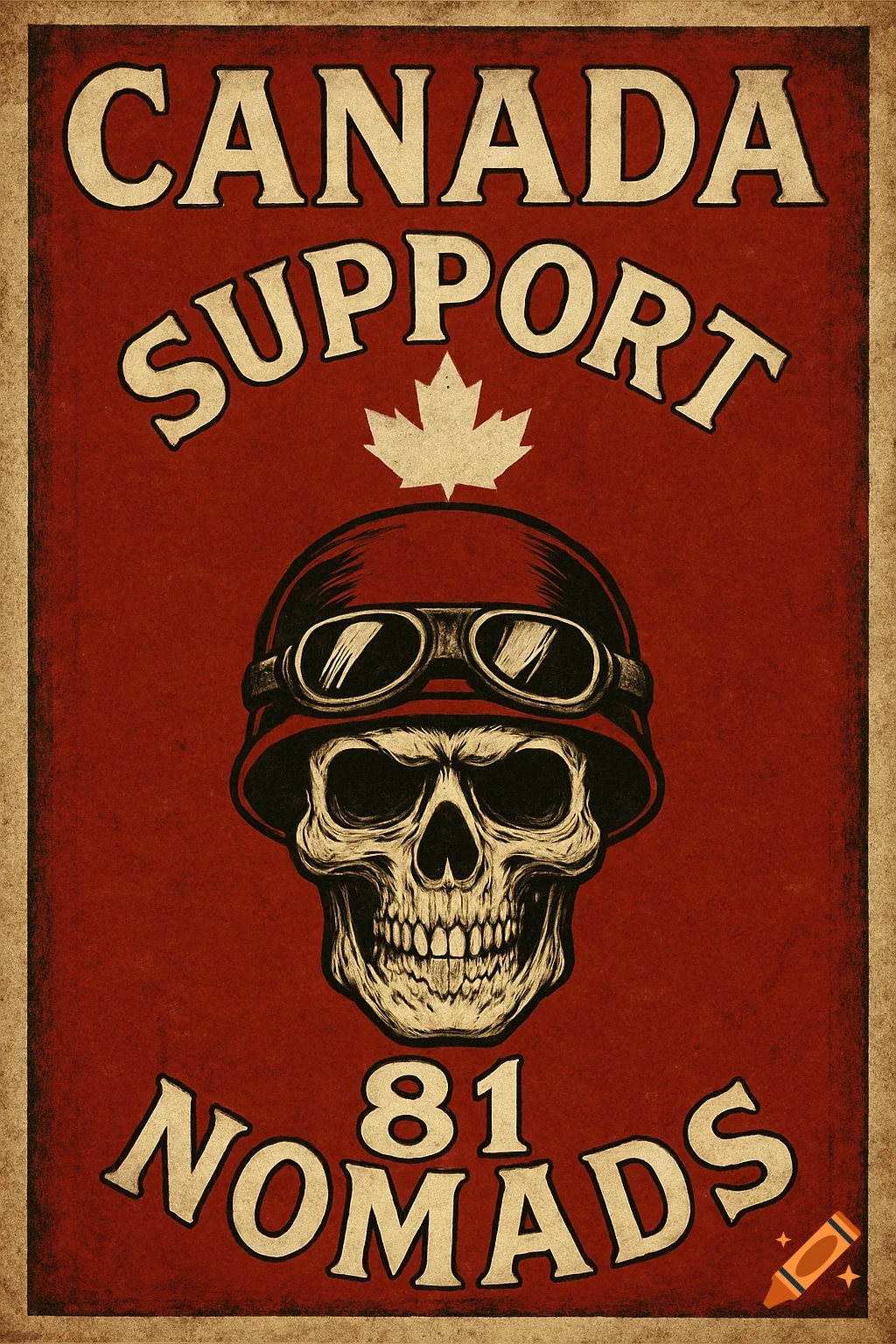 Vintage red poster with a skull in a motorcycle helmet and goggles, a Canadian maple leaf, and 'Canada Support 81 Nomads' text.