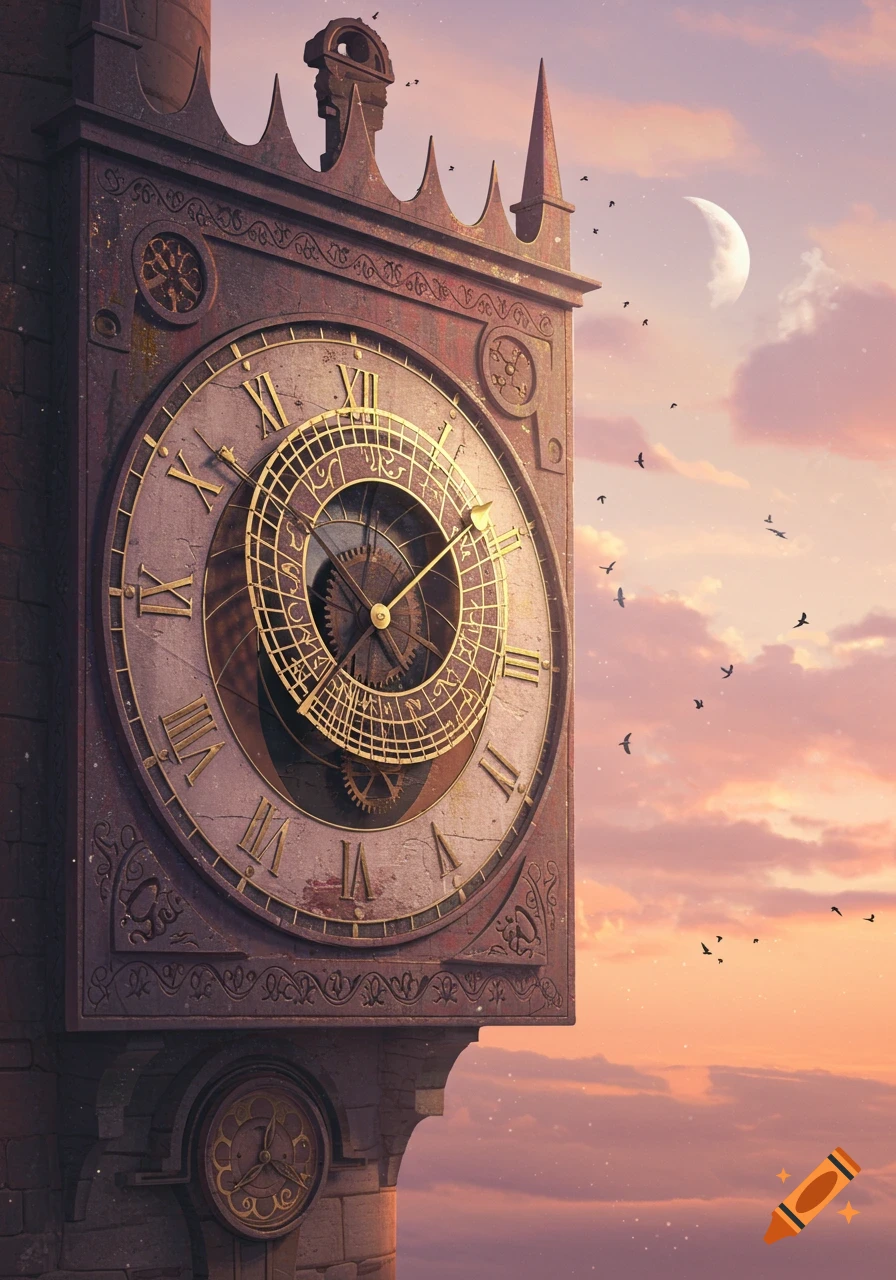 An ornate ancient clock tower stands against a romantic pink and orange sunset sky with a crescent moon and birds flying.