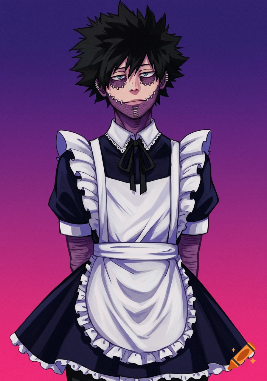 Anime character with dark spiky hair and stitched scars wearing a black and white maid outfit against a purple and pink gradient background.