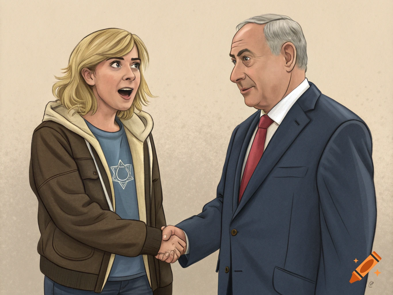 An illustration of a blonde woman in a Star of David shirt shaking hands with Benjamin Netanyahu.