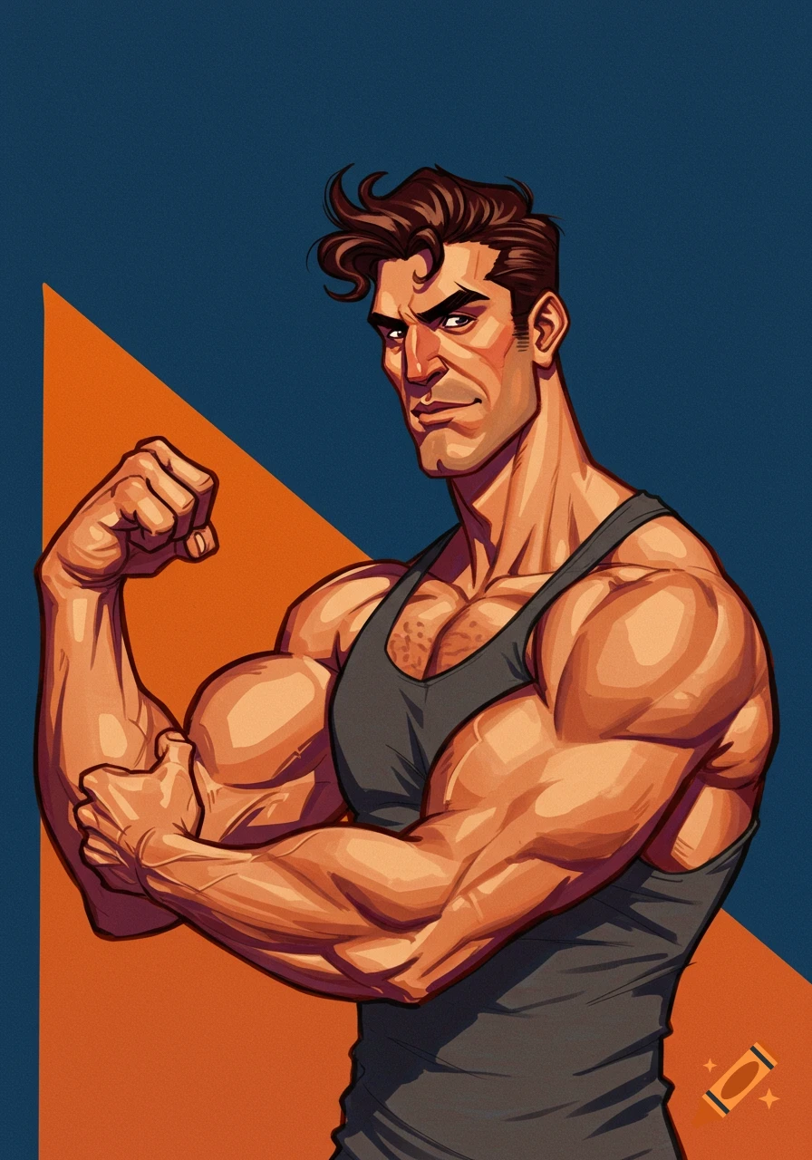 Stylized illustration of a muscular man in a tank top flexing his biceps against a blue and orange background.