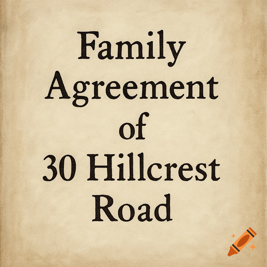 A document page with the title "Family Agreement of 30 Hillcrest Road" in black serif font on aged, textured paper.