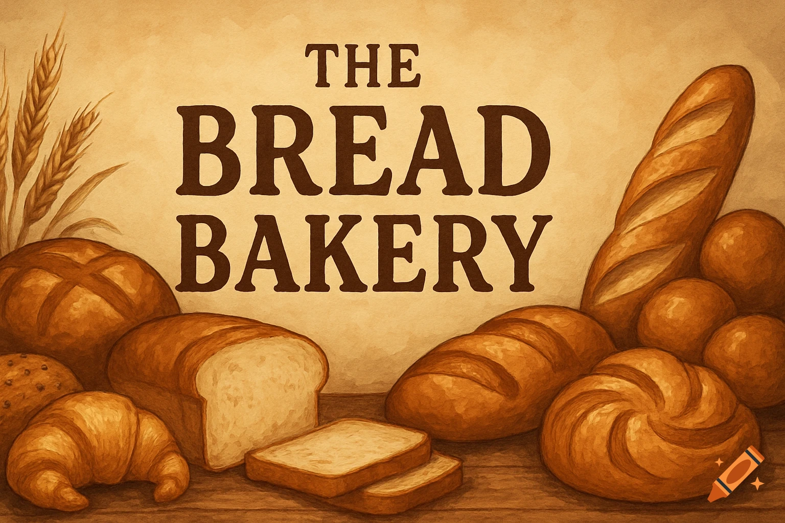 An illustration of various breads and wheat stalks on a wooden table, with 'THE BREAD BAKERY' text.