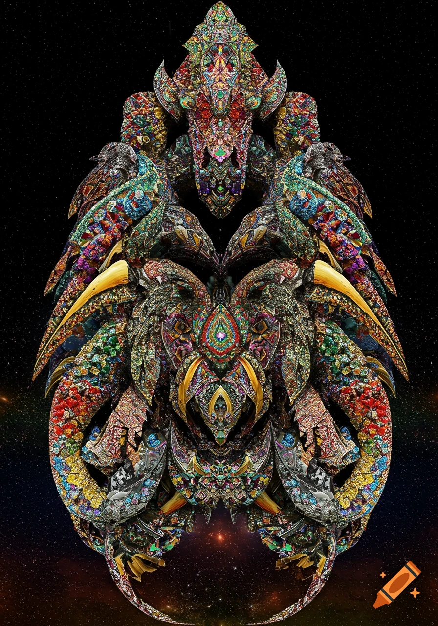 A vibrant, kaleidoscopic, jewel-encrusted fractal entity resembling a hawk-like spaceship against a starry, cosmic background.