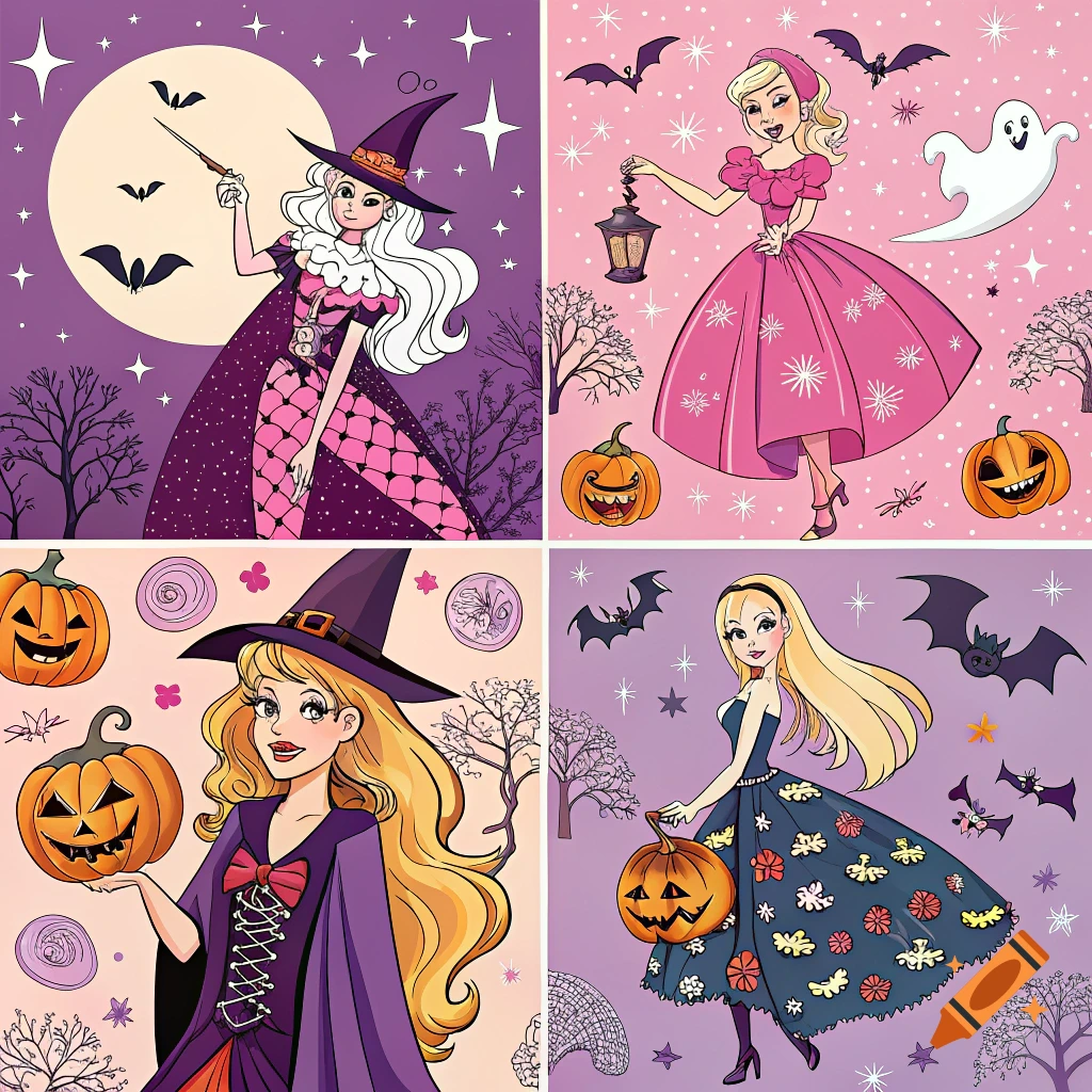 A four-panel pattern featuring cartoon Barbie-like witches and a princess with pumpkins, bats, and ghosts against purple and pink backgrounds.