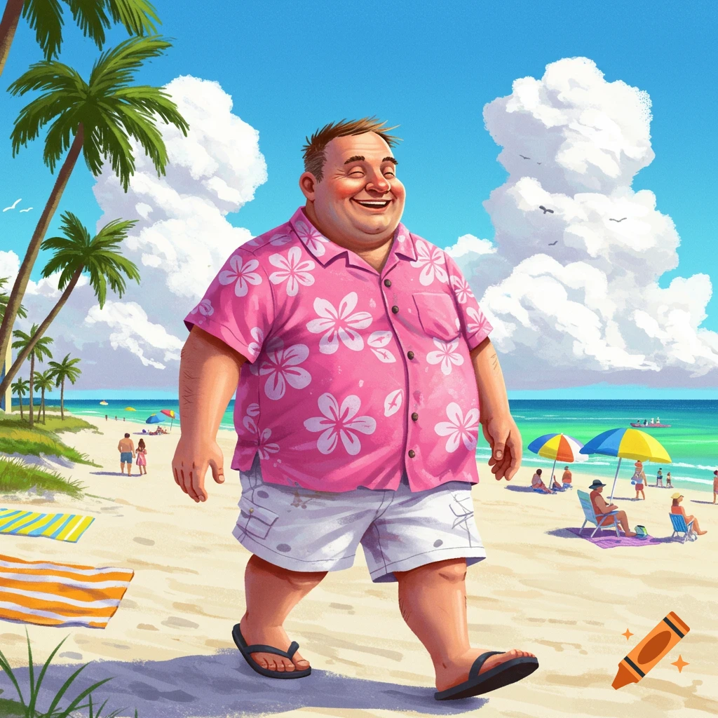 A happy, overweight man wearing a pink floral shirt and shorts walks along a sunny beach with palm trees and ocean.